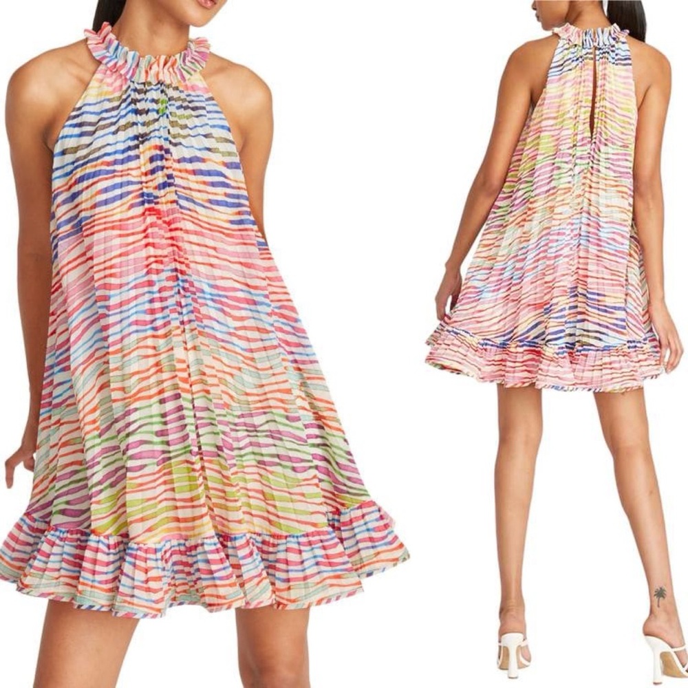 NWT AMUR - ESTFAN PLEATED HALTER DRESS in DOUBLE RAINBOW Size 2